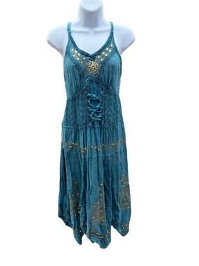 Turquiose sequin ray-stitch embroidered summer hippie sun dress - UPCYCLED OOAK